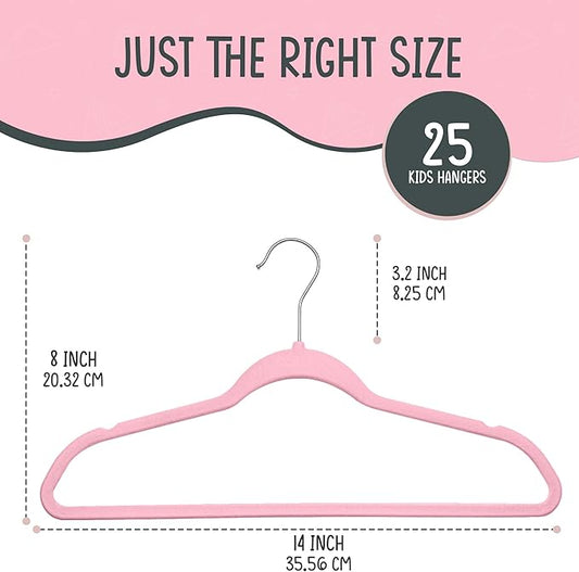 TechZoo 25 Premium Kids Velvet Hangers - 14" Non-Slip Clothes Hangers for Kids & Preteens - Ultra Slim, Space-Saving, Strong & Durable Hangers with 360° Swivel Hook - Pink