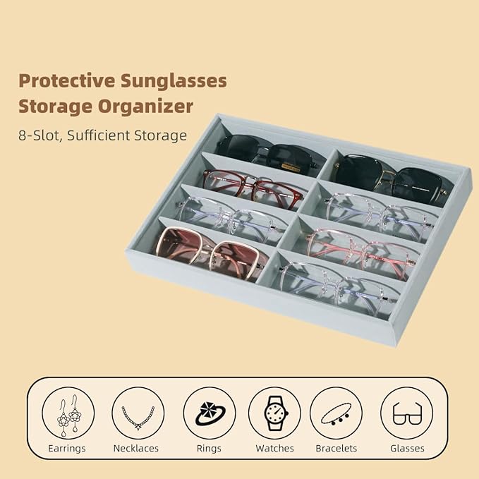 XHMQYC Glasses Holder Box Drawer Sunglass Organizer for Men Clear Wide Storage Case 8 Slots Multiple Reading Glasses Display, Gray Velvet