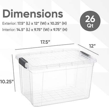 Superio Clear Storage Boxes with Lids, 26 Quart Plastic Container Bins for Organizing, Stackable Crates, BPA Free, Non Toxic, Odor Free, Organizers for Home, Office and Dorm, 6 Pack