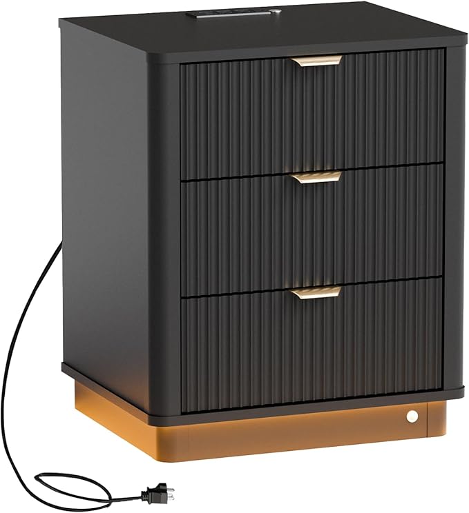 BONITURE Led Fluted Nightstand, Smart Curved Night Stand with Charging Station Lighting, Wood End Table with 3 Drawers, Modern Side Table Storage Cabinet for Bedroom Office,(1, Black)