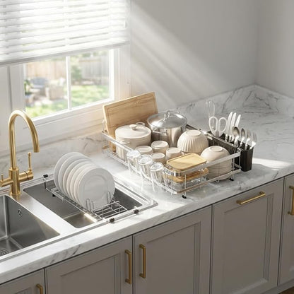 GSlife Large Capacity Expandable Dish Drying Rack with Absorbent Mat, 2-Piece Stainless Steel Dish Drainer Set for Counter with Removable Over Sink Rack, Family Size 16.5"-21.5" L x 15" W, Silver