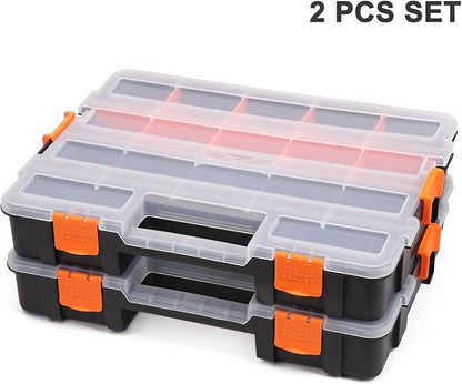 CASOMAN Tool Box Organizer Interlocking Black Small Parts Organizer for Fasteners and Crafts w/Removable Dividers (2 Piece Pack)