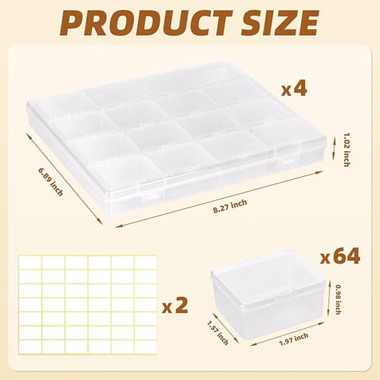 Cokapo Bead Organizer Box, 64 Pcs Clear Bead Storage Containers, Craft Organizers and Storage with Hinged Lids and Labels, Small Plastic Containers Boxes for Jewelry, Seeds, Nail Art, Small Parts