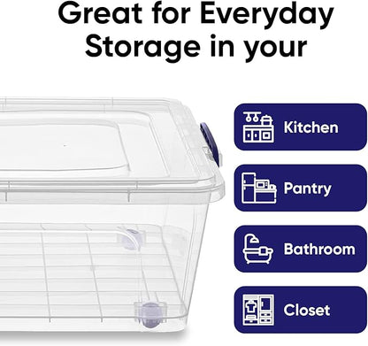Superio Storage Bins with Lids- Clear Boxes for Organizing, Stackable Plastic Containers- BPA Free, Non-Toxic, Odor Free, Organizer for Home, Office, Dorm (8 Pack, 42 Qt (Under Bed-Wheeled))