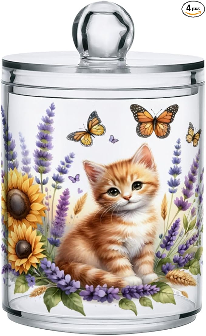 MNSRUU 4 Pack Qtip Holder Organizer Dispenser Cute Ginger Kitten and Flowers Pink Bathroom Storage Canister Cotton Ball Holder Bathroom Containers for Cotton Swabs/Pads/Floss