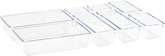 Mind Reader 8-Piece Drawer Organizer Set, Storage Trays for Kitchen, Bathroom, Office, Makeup, Jewelry & More, Junk Drawer Tray, Utensil Holder, Plastic, Clear