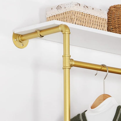 Modern Simple Industrial Pipe Double Hanging Rods Clothing Rack with Shelves, Heavy Duty Metal Clothes Rack Bedroom Freestanding Wardrobe Closet Rack, 93in Gold