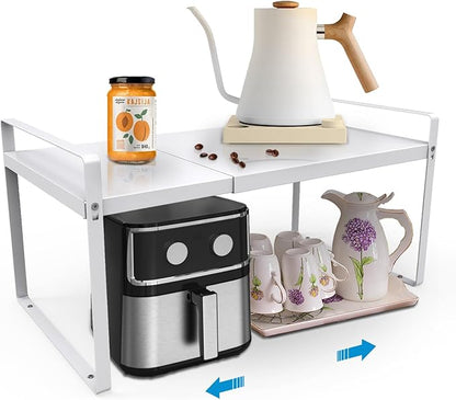 11'' Wide Expandable Cabinet Shelf Organizer Rack Adjustable Length 14''-26'' Pantry Shelf Spice Rack Heavy Duty Nonslip Kitchen Counter Storage Shelves Pantry Cupboard Under Sink Countertop, White