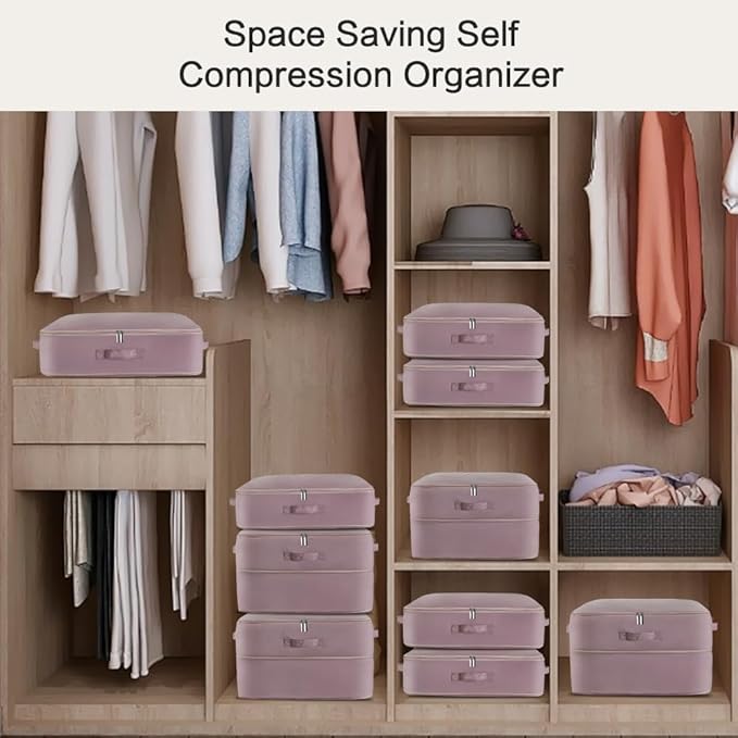 Geernioy Ultra Space Saving Self Compression Storage Bags with Zipper, (pink) -Compression Organize for Bedding, Comforter Storage Bag for Blankets Duvet Quilts Pillows