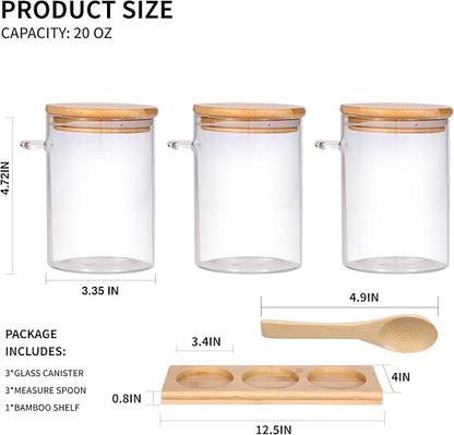 Glass Spice Storage Container with Spoon, 3PCS 20oz Airtight Sealed Condiment Jar with Tray, Kitchen Pantry Seasoning Canister Set for Salt Coffee Sugar Tea & Bathroom Cotton Swab Ball