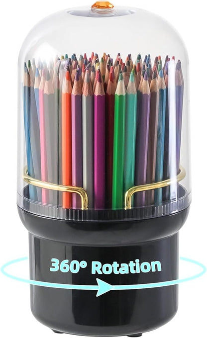 360-Degree Rotating Colored Pencil Holder with Lid, Pencil Organizer Holds 100 long Pencils with 7 Slots for Desk, Caddy Art Supply Organizer, Multi-function Makeup Brushes Ogranizer (Black)