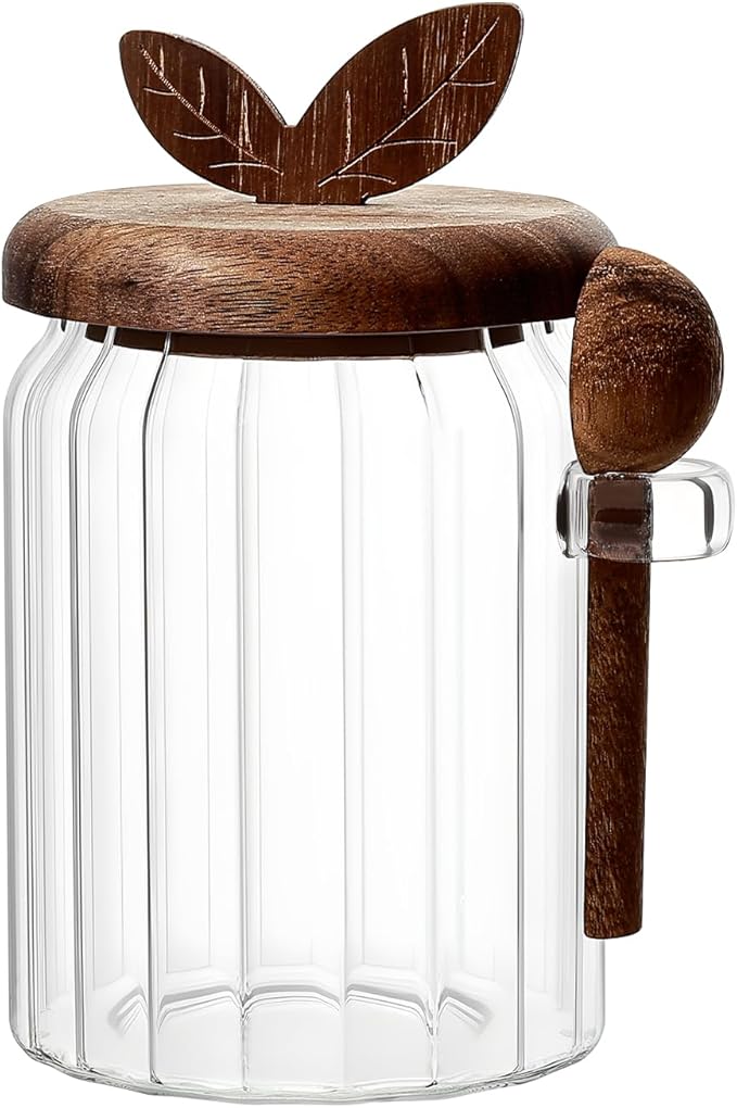Koythin Food Storage Containers with Wooden Lids and Scoops, Ribbed Glass Jars with Airtight Lids, Bath Salt Container with Scoop, Kitchen Canisters for Coffee, Sugar, Spice (Vertical Stripe, 20.3 oz)