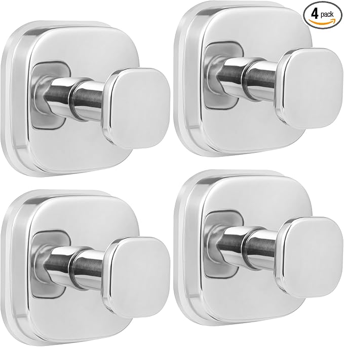 warlve Suction Cup Hooks for Shower - Reusable No-Drill Mounting - Hooks for Towels, Robes & Loofah on Metal, Glass, Mirrors, Tile & Smooth Non-Porous Surfaces (4, Chrome Polished)