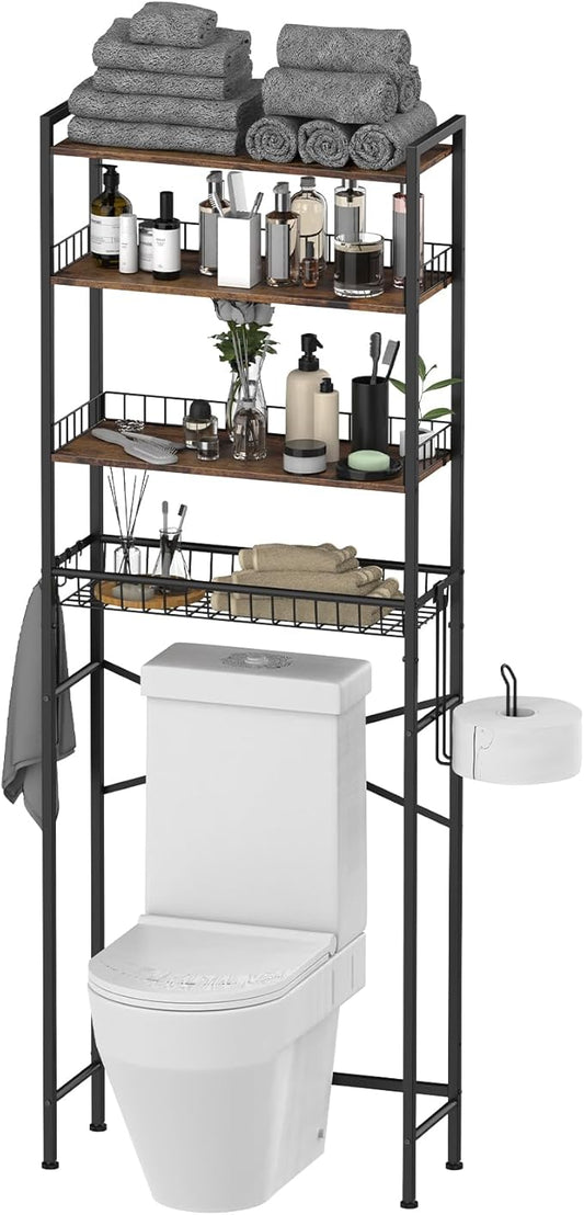 CooFel Over The Toilet Storage Rack, 4-Tier Bathroom Organizer Shelf with Paper Holder & 4 Hooks, Adjustable Metal Shelves Over Toilet for Small Spaces, Brown