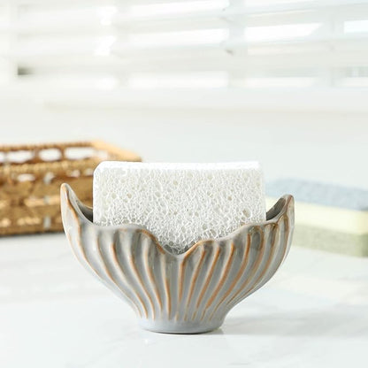 Uiddo Sponge Holder for Kitchen Sink, Ceramic Sponge Holder with Fishtail Design, Sink Sponge Holder Caddy Organizer for Countertop, Farmhouse Kitchen Decor, Compact Kitchen Sponge Holder(Grey)