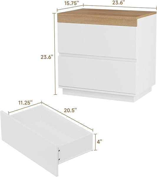 HOCAT Nightstand with Oak Top, 23.7" White Night Stand with 2 Drawers, Modern Bedside Table Wood End Table for Bedroom