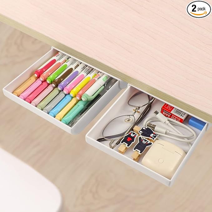 YOOUSOO 2 Pack Under Desk Drawer Organizer, Slide Out Pencil Holder, Desk Drawer Attachment, Plastic Desk Accessories & Workspace Organizers, Hidden Desktop Organizer Self-Adhesive