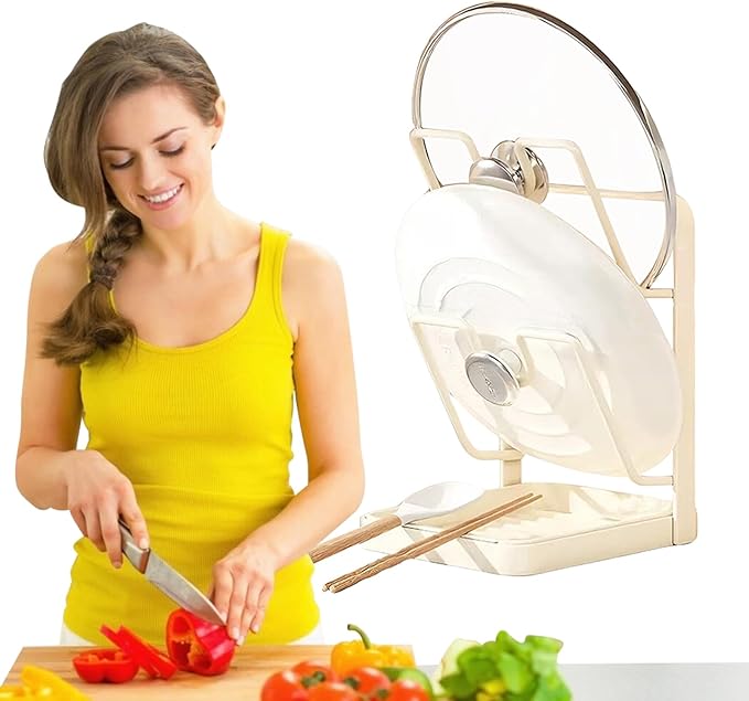 Pot Lid Organizer and Holder, Kitchen Countertop Storage Rack with Removable Drip Tray & Spoon Rest, 2-Tier Space-Saving Stand for Pots and Pans Lids