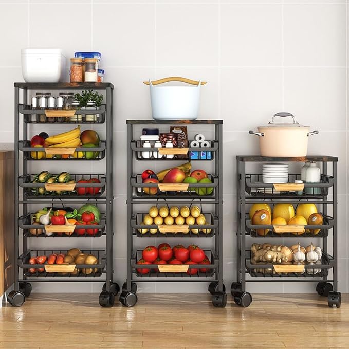 CarolynDesign 5 Tier Metal Wire Basket Cart on Wheels, Stackable Storage Bins for Kitchen, Living Room, Bedroom, Bathroom, Free Stand Vegetable Fruit Racks with Pull Out Drawers