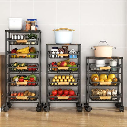 CarolynDesign 5 Tier Metal Wire Basket Cart on Wheels, Stackable Storage Bins for Kitchen, Living Room, Bedroom, Bathroom, Free Stand Vegetable Fruit Racks with Pull Out Drawers