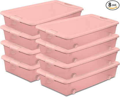 Sterilite 8 Pack Wheeled Under Bed Storage Container, 56 Qt Plastic Bin w/Latching Lid for Organization - Clothes & Shoes Organizer, Pearl Blush Tint