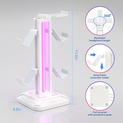 KDD RGB Headset Stand with 9 Light Modes - Controller Holder for Desk - Rotatable Headphone Stand & Detachable Controller Hook for PC Earphone Accessories(White)