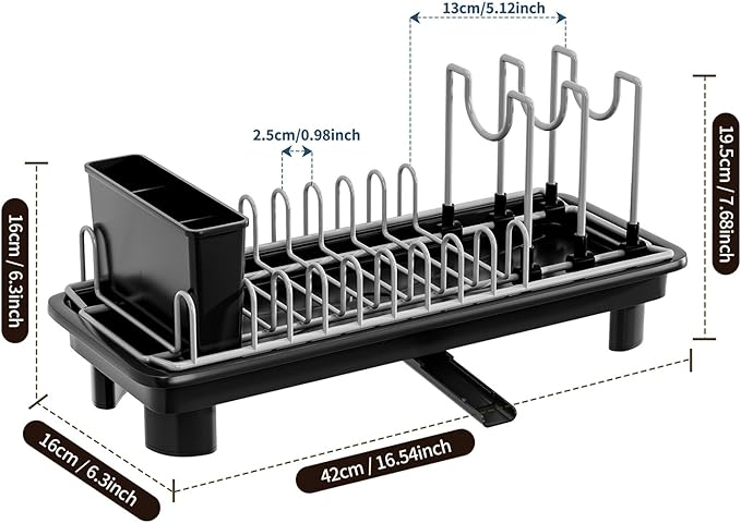 SOVGIZF Compact Dish Drying Rack with Utensil Holder – Small Countertop Dish Drainer with 360° Rotating Drain Spout, Stainless Steel Dish Rack for Kitchen Sink, Space-Saving Design for Small Kitchen