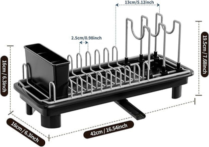 SOVGIZF Compact Dish Drying Rack with Utensil Holder – Small Countertop Dish Drainer with 360° Rotating Drain Spout, Stainless Steel Dish Rack for Kitchen Sink, Space-Saving Design for Small Kitchen
