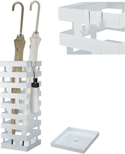 Tudomro Umbrella Stands for Entryway Large Metal Umbrella Holder 6.3 x 5.5 x 16.5 Inches with Removable Water Tray and Hooks Decor Freestanding Rectangular Storage Hollow Rack for Home Office (White)