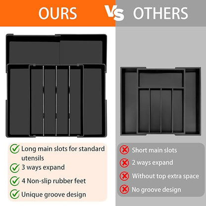 Silverware Organizer - Expandable Utensil Drawer Organizer, Adjustable Silverware Drawer Organizer, Plastic Kitchen Drawer Organizer for Forks, Knives, Kitchen Organizer Dividers, Black