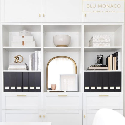 BLU MONACO | Cardboard Magazine File Holder Set of 6 Black | Vertical Magazine File Holder with Gold Label Slots | Standing File Holder and Cardboard Bins for Shelves Desk Storage