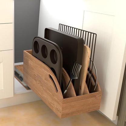 DINDON Pull Out Cabinet Organizer for Pans, Pot lid, Cookie Sheet, Cutting Board, Baking Tray, Slide Out Kitchen Cabinet Storage Organizer, 10.5''W X 21"D X 10.6"H, Wood