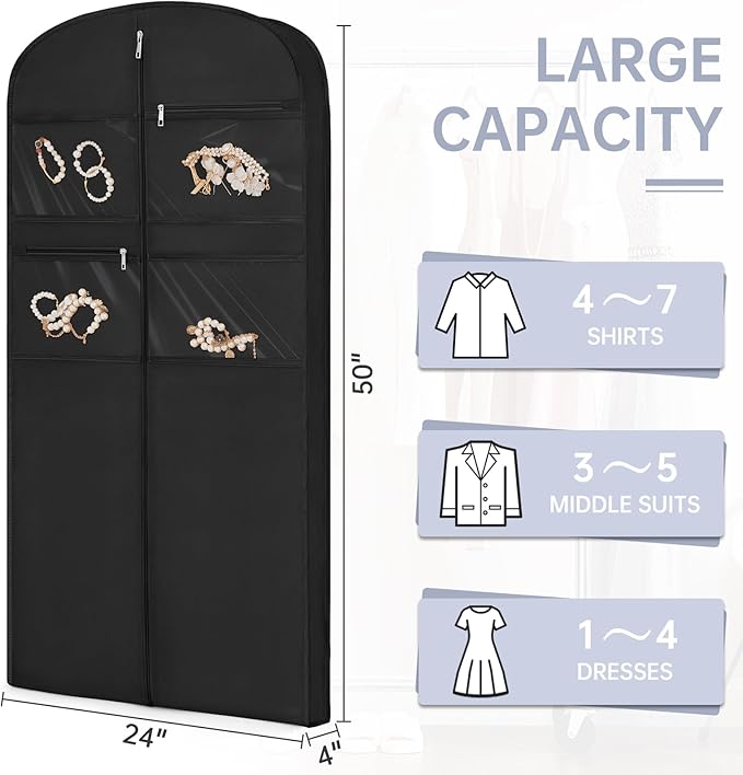 50" Garment Bag for Travel for Hanging Clothes Storage Hanging Suit Cover with Zipper and Accessory Storage for Coats, Dresses, Suits