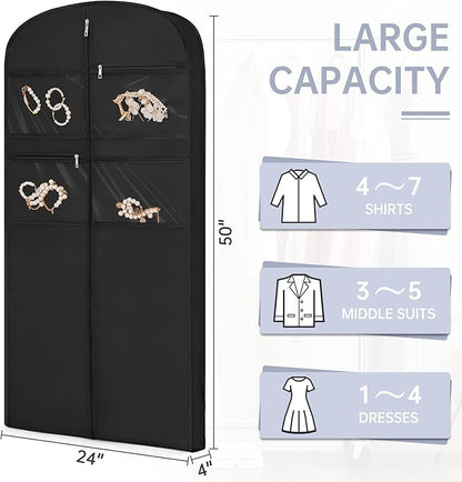 50" Garment Bag for Travel for Hanging Clothes Storage Hanging Suit Cover with Zipper and Accessory Storage for Coats, Dresses, Suits