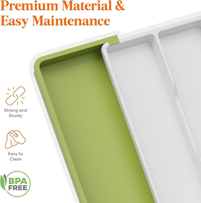 Lifewit Utensil Organizer for Kitchen Drawers, Expandable Cooking Utensil Tray, Adjustable Cutlery Silverware Flatware Holder, Plastic Spatula Tools Storage Divider, Green&White, 13"-22" x 15"