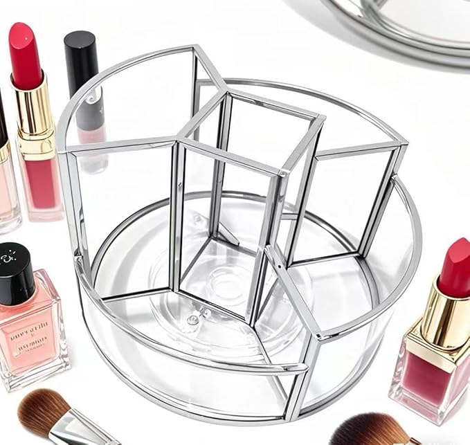 360° Rotate Makeup Brush Holder, Makeup Organizers Countertop, Perfume Tray, Bathroom Organizer and Storage for Eyeliner,Lipstick, Lazy Susan Organizer for Vanity Cabinet Dresser Bathroom (Silver)