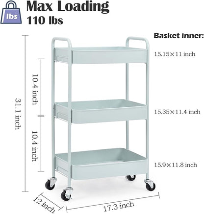 TOOLF 3-Tier Metal Rolling Cart with Wheels, Storage Utility Organizer Cart for Kitchen, Bathroom, Office, Baby Essentials & Makeup - Lockable Casters, Easy Assembly, Large Capacity, Green