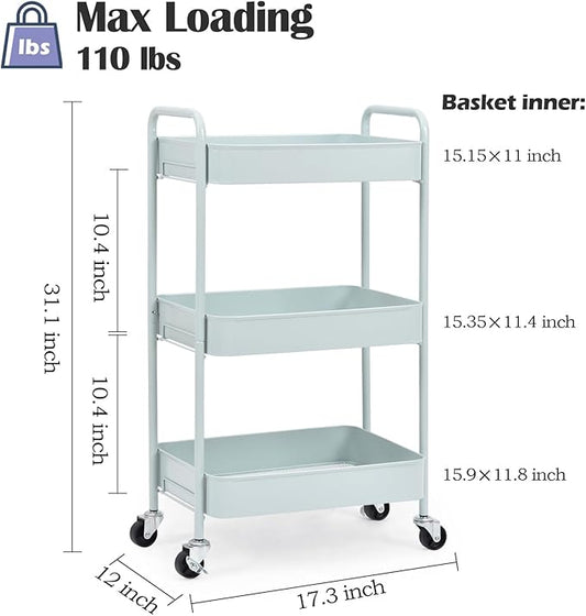 TOOLF 3-Tier Metal Rolling Cart with Wheels, Storage Utility Organizer Cart for Kitchen, Bathroom, Office, Baby Essentials & Makeup - Lockable Casters, Easy Assembly, Large Capacity, Green