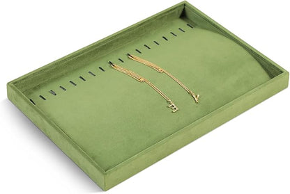Velvet Jewelry Display Tray For Bracelet Pendant Necklace, Multi-Slot Stackable Storage Tray For Long Chain Jewelries, Drawer Insert Jewelry Organizer (Olive Green)
