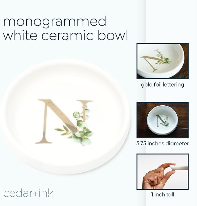 Cedar and Ink Ring Dish with Personalized N in Gold Foil & Greenery, Monogrammed Jewelry Dish, Accessories & Wedding Ring Holder, Dressing Table Tray