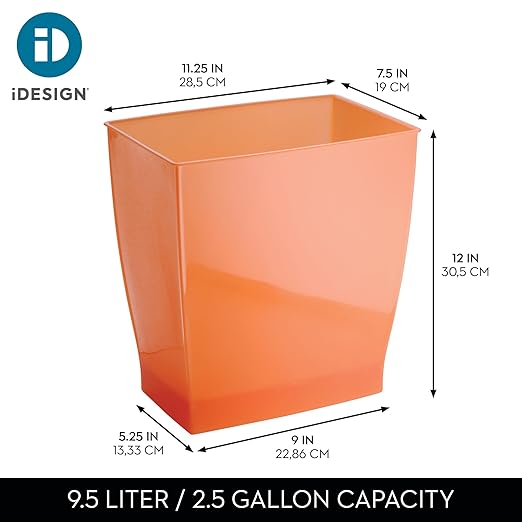 iDesign Small Plastic Bathroom Trash Can, Slim Rectangle Garbage Bin for Bedroom, Office, Dorm, 2-Pack, Orange