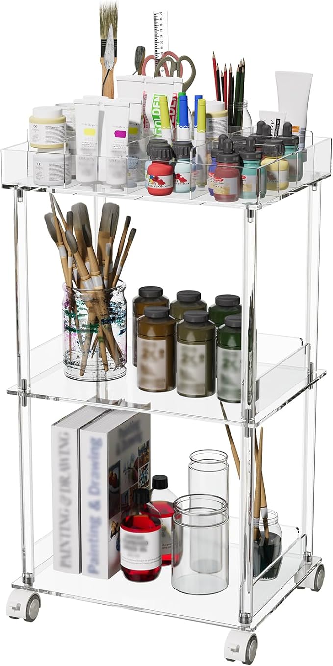 Eglaf Acrylic 3-Tier Rolling Craft Cart - Art Organizer - Craft Storage Cart with Lockable Wheels, Versatile Paint Brush Holder & Paint Organizer - 15.6'' L x 11.6‘’ W x 29.1'' H