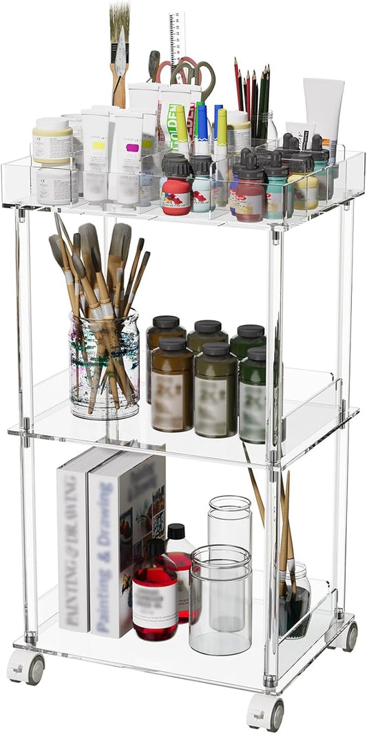 Eglaf Acrylic 3-Tier Rolling Craft Cart - Art Organizer - Craft Storage Cart with Lockable Wheels, Versatile Paint Brush Holder & Paint Organizer - 15.6'' L x 11.6‘’ W x 29.1'' H