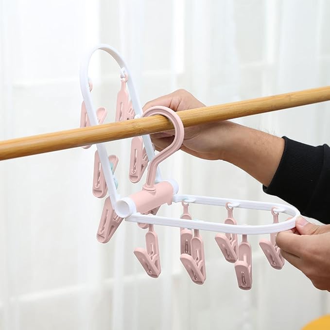 Portable Foldable Clothes Drying Rack, 20 Rotating Clips, Multi-Purpose Laundry Hanger for Underwear, Socks, Indoor/Outdoor Use, Compact, Lightweight, Convenient for Travel and Dorms (Pink)