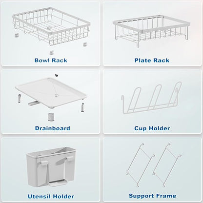 GAOKASE 2 Tiers Dish Drying Rack, Space-Saving Dish Racks for Kitchen Counter, Dish Drainer Drying Rack with Drainboard, Utensil Holder Cups Holder and Adjustable Swivel Spout, White