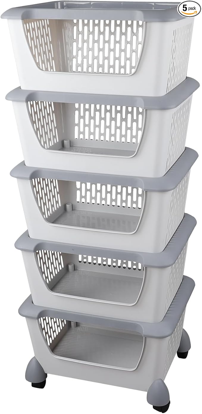 Kiddream 5 Packs Stackable Organizer Baskets with Wheels, Plastic Stacking Storage Basket Bins for Kitchen Bathroom