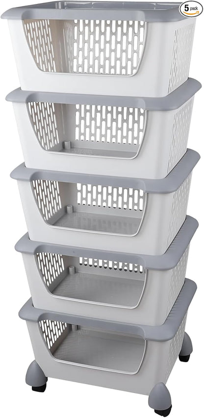 Kiddream 5 Packs Stackable Organizer Baskets with Wheels, Plastic Stacking Storage Basket Bins for Kitchen Bathroom