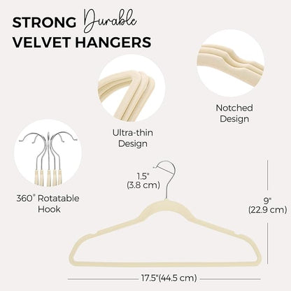 HOUSE DAY Premium Velvet Hangers 50 Pack, Non-Slip Flocked Felt Hangers, Sturdy Clothes Hangers with 360° Rotatable Hook, Heavy Duty Coat Hanger, Durable Slim Beige Hanger for Closet Space Saving