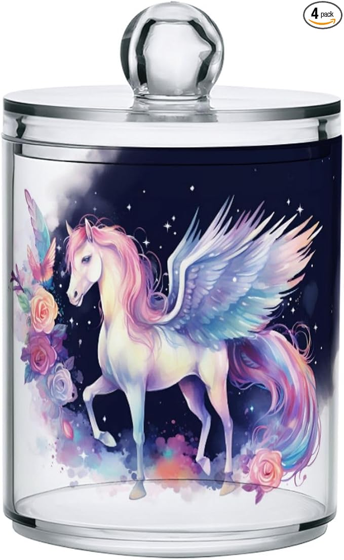 MNSRUU 4 Pack Qtip Holder Organizer Dispenser Cute Unicorn Pink Bathroom Storage Canister Cotton Ball Holder Bathroom Containers for Cotton Swabs/Pads/Floss