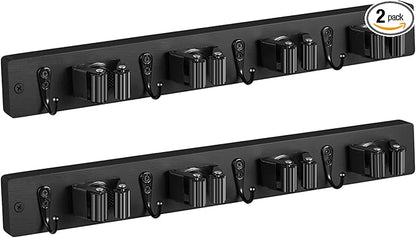2 Pack Black Mop Broom Holder Wall Mount - Wood Broom Mop Hanger - Wall Mounted Garden Tool Rack Organizer for Closet Garage Laundry Room, 4 Slots & 4 Hooks